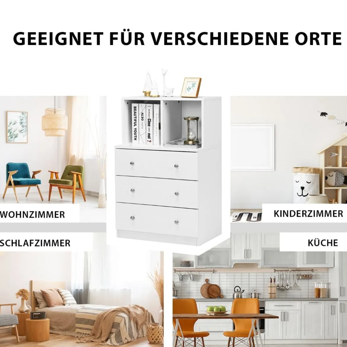 Kommode mit 3 Schubladen & 2 Fächern Sideboard aus Holz mit Kippsicherung 60 x 40 x 94 cm Weiß