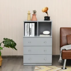 Kommode mit 3 Schubladen & 2 Fächern Sideboard aus Holz mit Kippsicherung 60 x 40 x 94 cm Grau