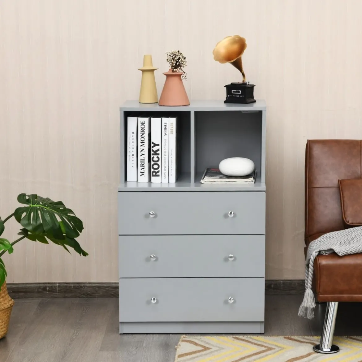 Kommode mit 3 Schubladen & 2 Fächern Sideboard aus Holz mit Kippsicherung 60 x 40 x 94 cm Grau