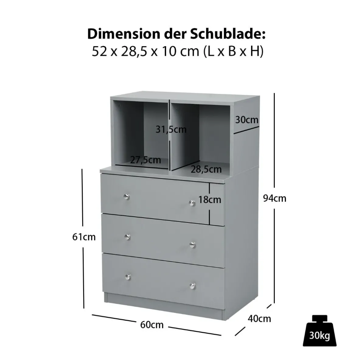 Kommode mit 3 Schubladen & 2 Fächern Sideboard aus Holz mit Kippsicherung 60 x 40 x 94 cm Grau