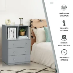 Kommode mit 3 Schubladen & 2 Fächern Sideboard aus Holz mit Kippsicherung 60 x 40 x 94 cm Grau