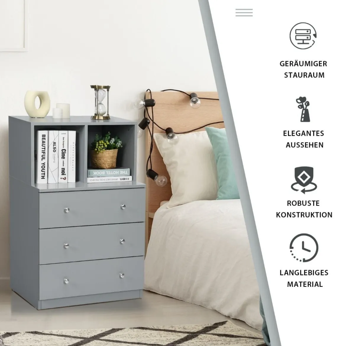 Kommode mit 3 Schubladen & 2 Fächern Sideboard aus Holz mit Kippsicherung 60 x 40 x 94 cm Grau