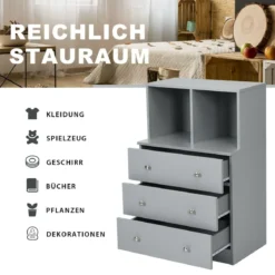 Kommode mit 3 Schubladen & 2 Fächern Sideboard aus Holz mit Kippsicherung 60 x 40 x 94 cm Grau