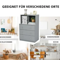 Kommode mit 3 Schubladen & 2 Fächern Sideboard aus Holz mit Kippsicherung 60 x 40 x 94 cm Grau