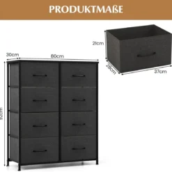 Kommode mit 8 Schubladen & Metallgestell & Tischplatte Stoffkommode 80 x 30 x 92 cm Grau