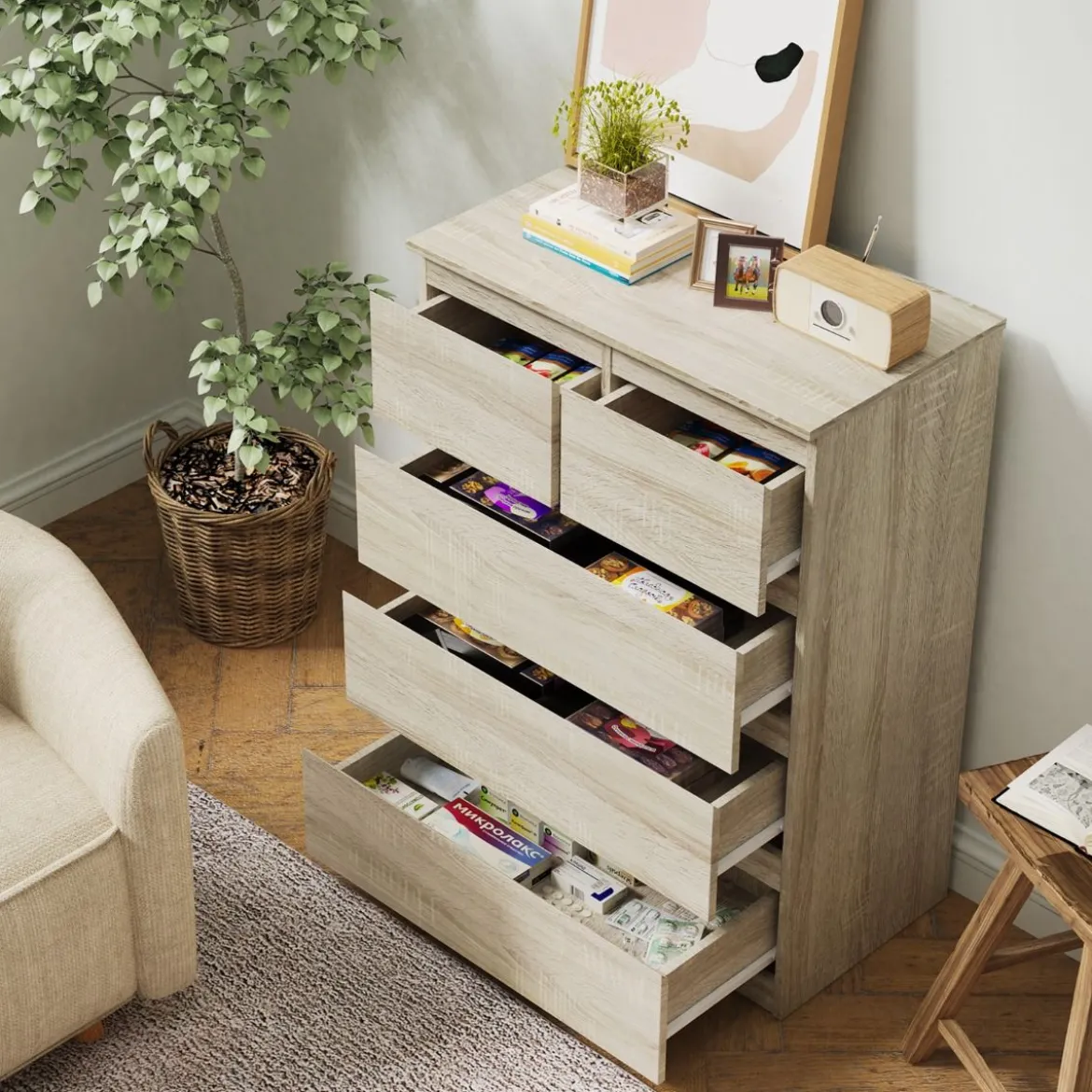 Kommode mit 5 Schubladen & Metallgleitschienen Nachttisch platzsparendes Design einfache Montage Braun