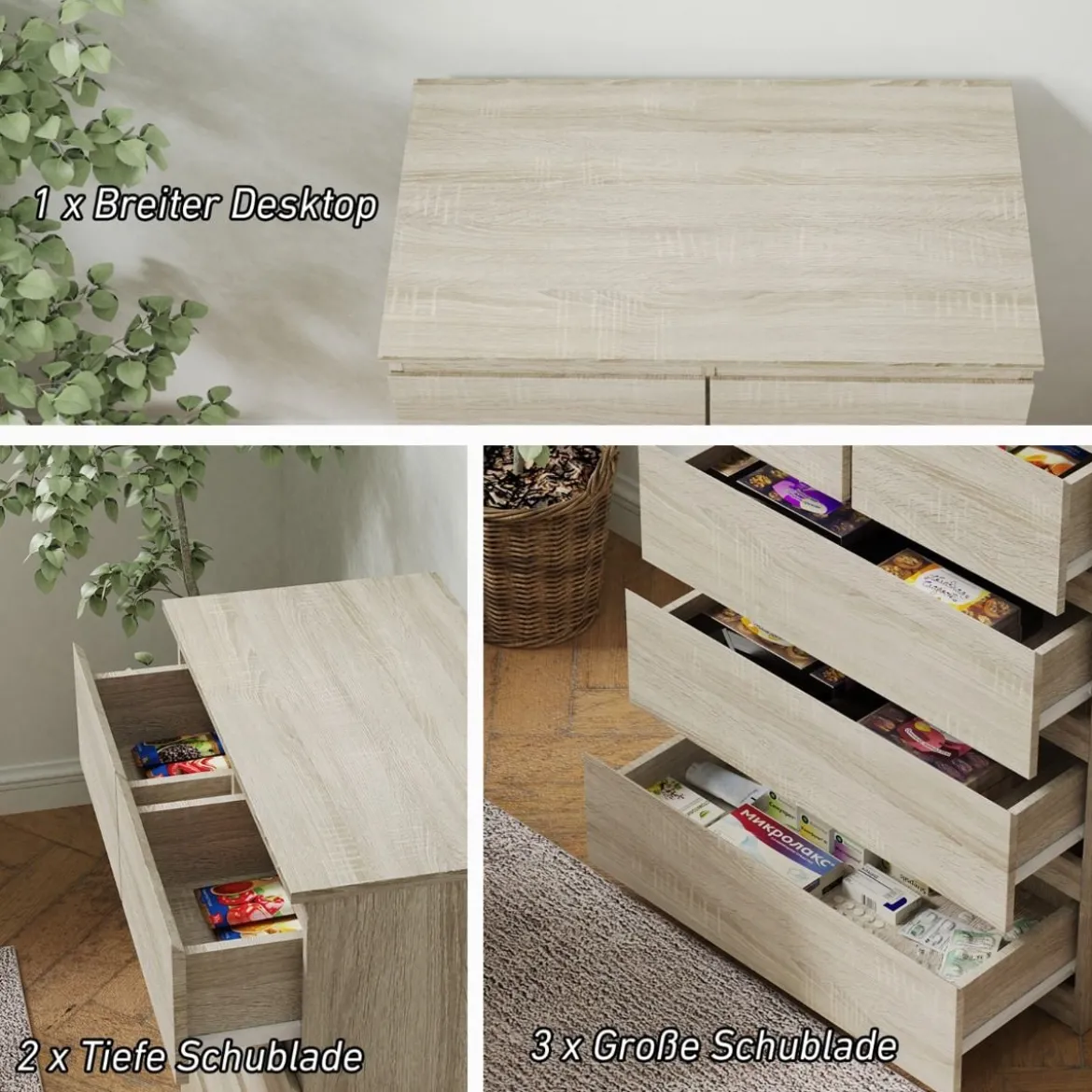 Kommode mit 5 Schubladen & Metallgleitschienen Nachttisch platzsparendes Design einfache Montage Braun