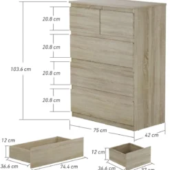 Kommode mit 5 Schubladen & Metallgleitschienen Nachttisch platzsparendes Design einfache Montage Braun