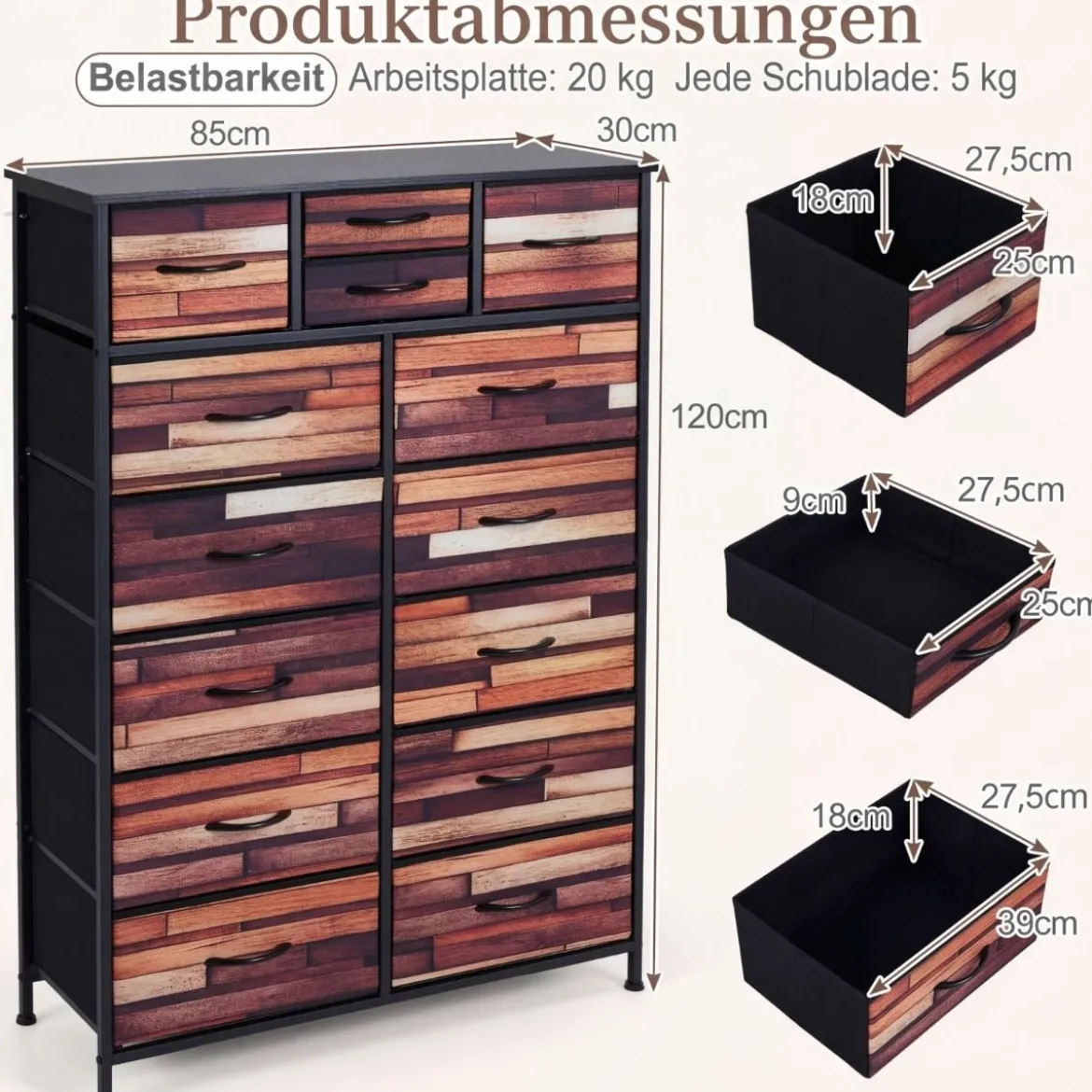 Kommode mit 14 Schubladen Schubladenschrank mit Stoffkommode & Metallrahmen & Holzoberfläche