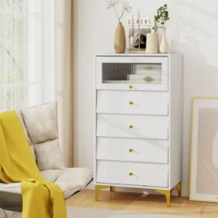 Kommode mit 4 Schubladen Sideboard mit hochklappbarer Glastür Weiß