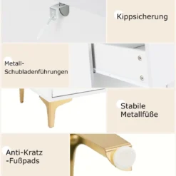 Kommode mit 4 Schubladen Sideboard mit hochklappbarer Glastür Weiß
