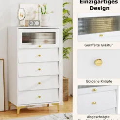 Kommode mit 4 Schubladen Sideboard mit hochklappbarer Glastür Weiß