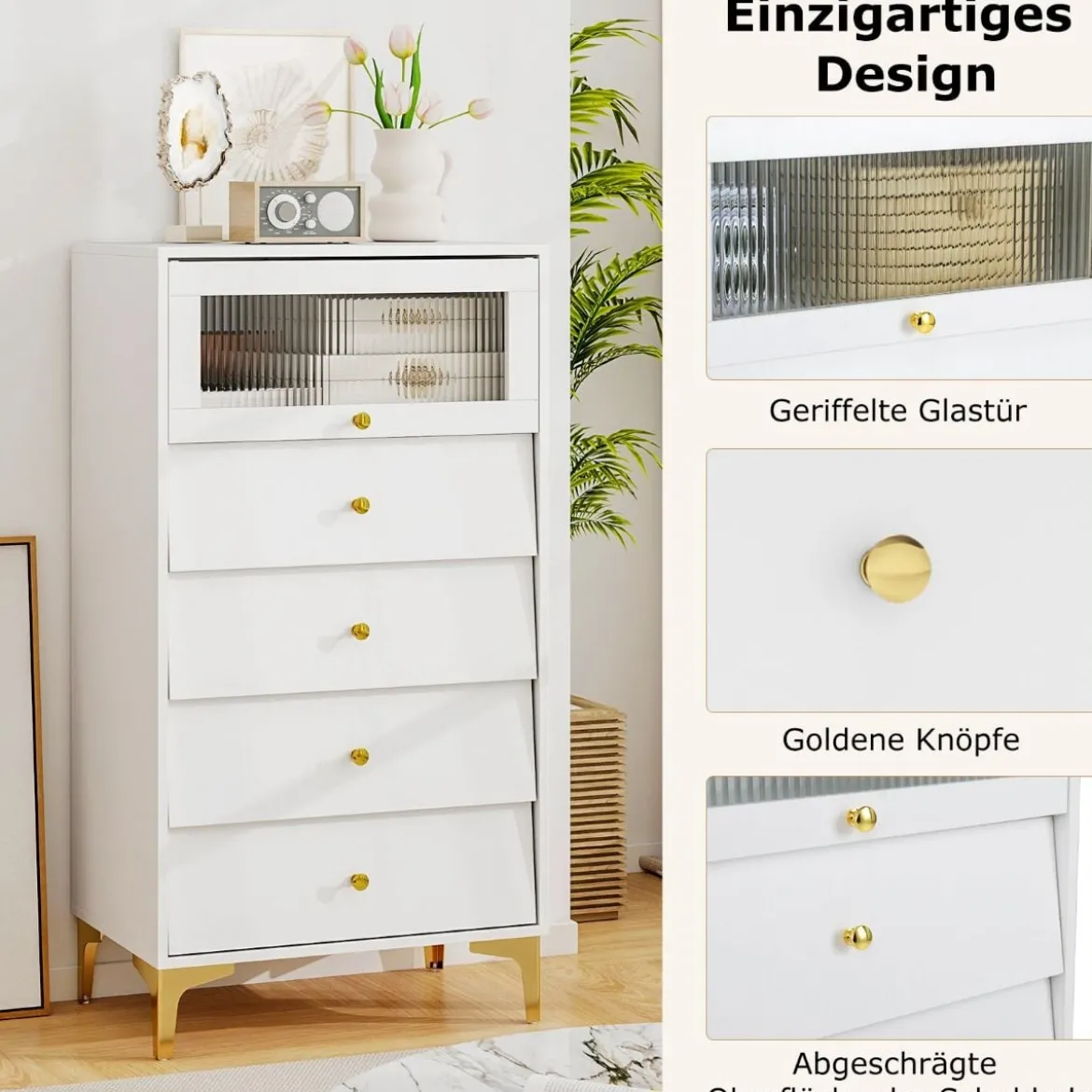 Kommode mit 4 Schubladen Sideboard mit hochklappbarer Glastür Weiß