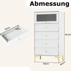 Kommode mit 4 Schubladen Sideboard mit hochklappbarer Glastür Weiß