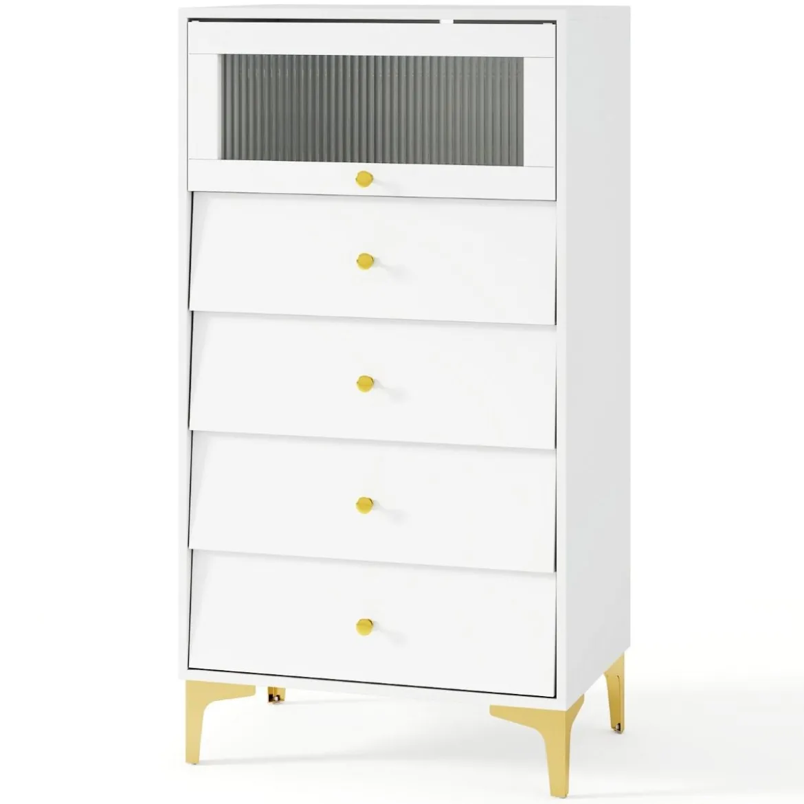 Kommode mit 4 Schubladen Sideboard mit hochklappbarer Glastür Weiß