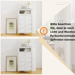 Kommode mit 4 Schubladen Sideboard mit hochklappbarer Glastür Weiß
