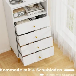 Kommode mit 4 Schubladen Sideboard mit hochklappbarer Glastür Weiß