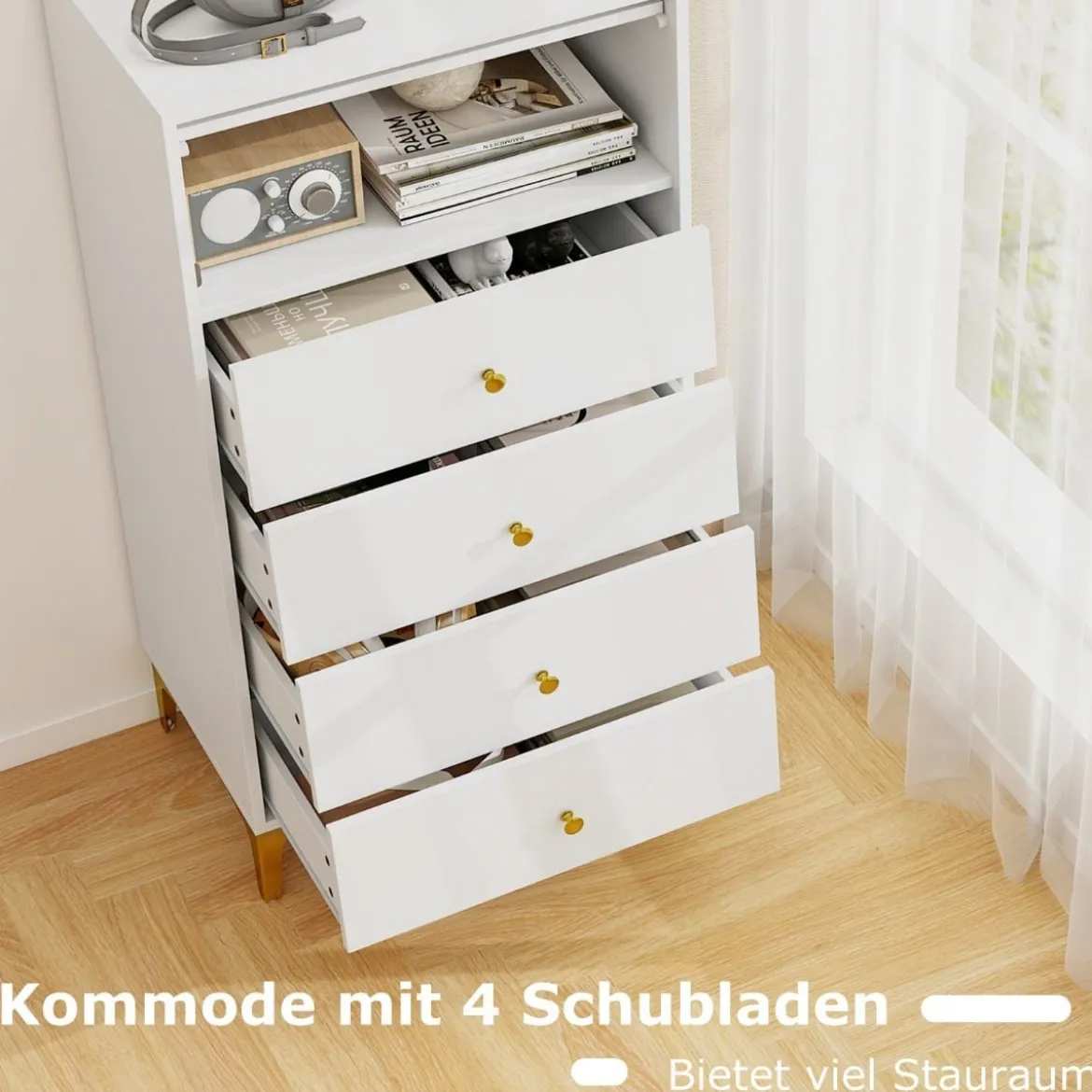 Kommode mit 4 Schubladen Sideboard mit hochklappbarer Glastür Weiß