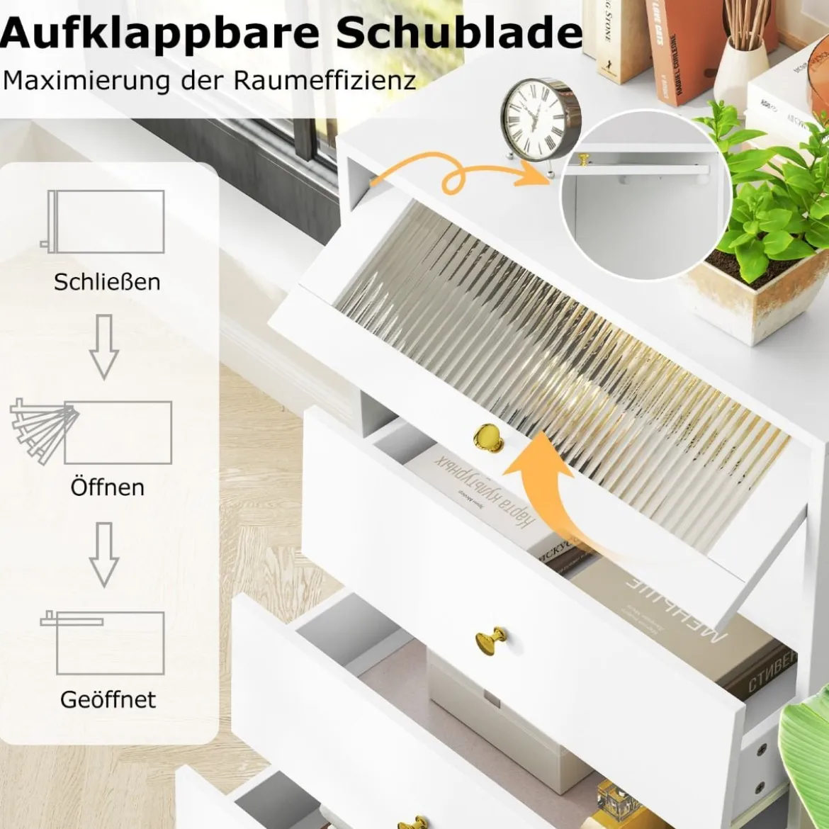 Kommode mit 4 Schubladen Sideboard mit hochklappbarer Glastür Weiß