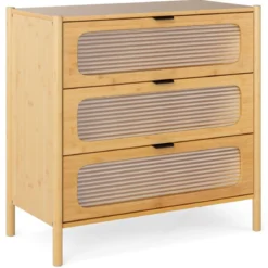 Kommode mit 3 Schubladen Sideboard aus Bambus & Gehärtetes Glas Natur 80 x 40 x 78,5 cm