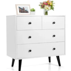 Kommode mit 4 Schubladen Sideboard aus Holz Modern Aufbewahrungsschrank Weiß