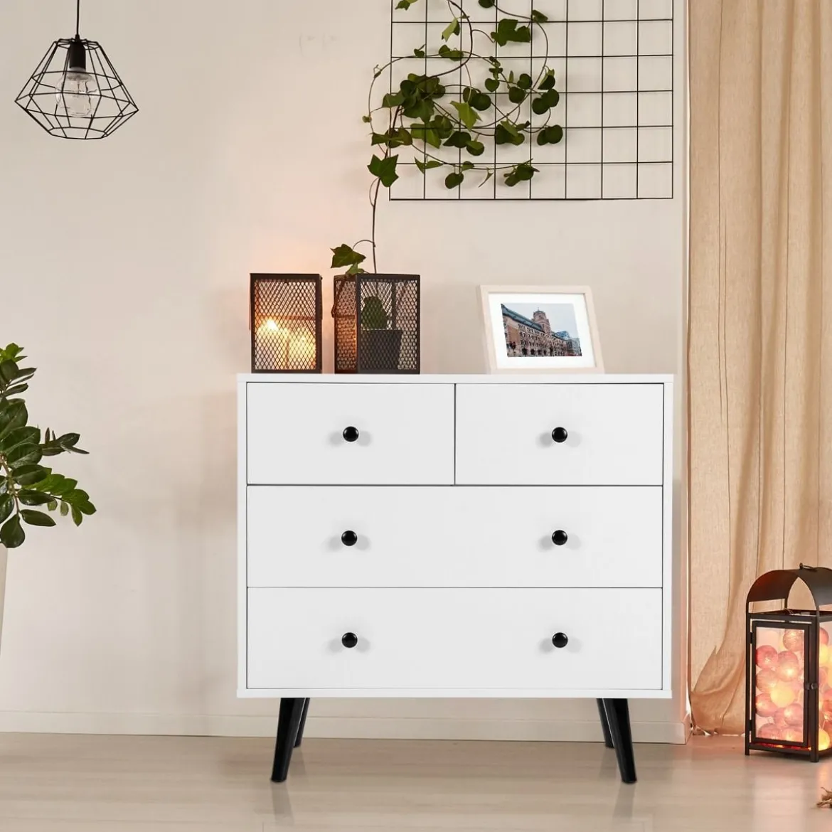 Kommode mit 4 Schubladen Sideboard aus Holz Modern Aufbewahrungsschrank Weiß