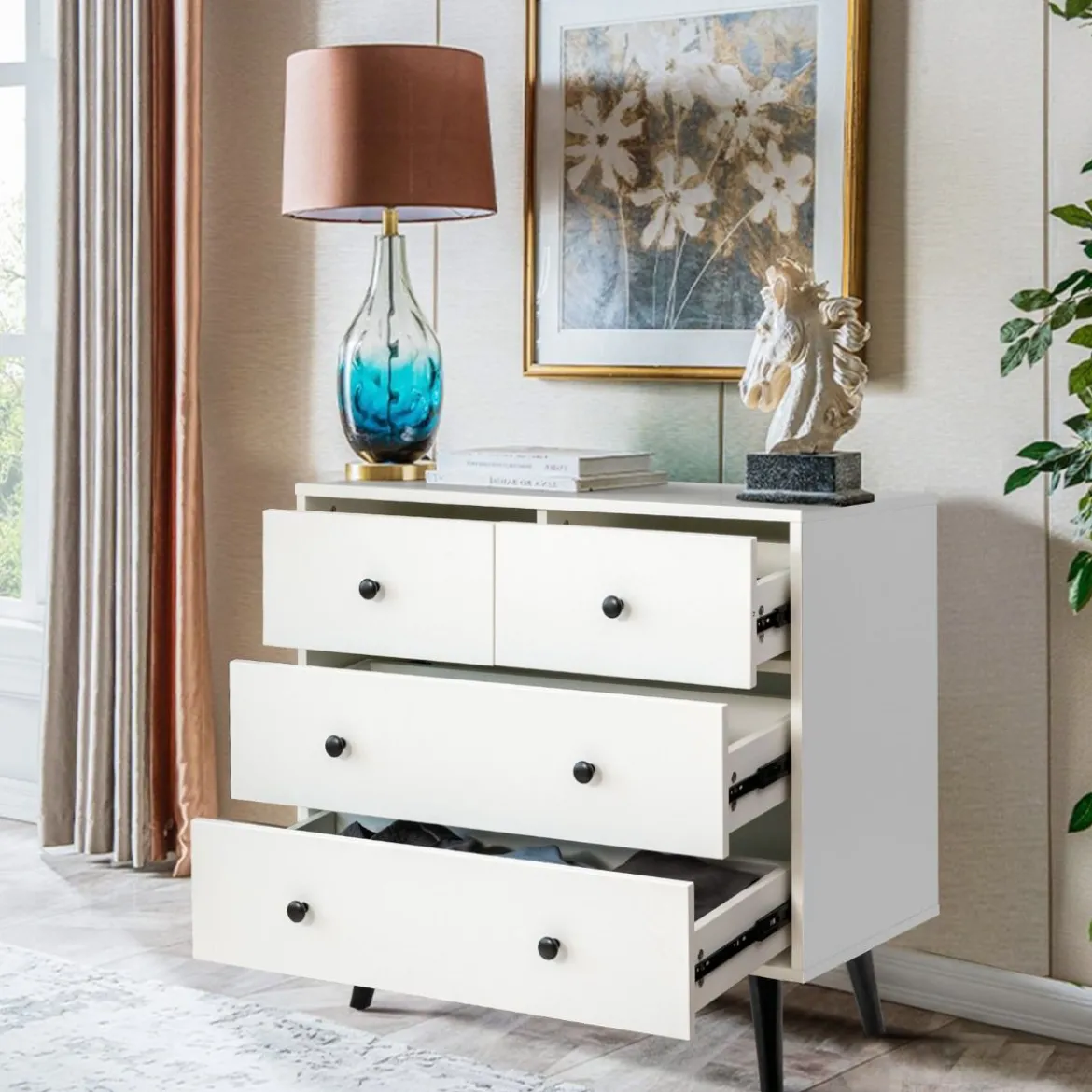 Kommode mit 4 Schubladen Sideboard aus Holz Modern Aufbewahrungsschrank Weiß