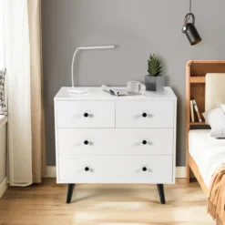 Kommode mit 4 Schubladen Sideboard aus Holz Modern Aufbewahrungsschrank Weiß