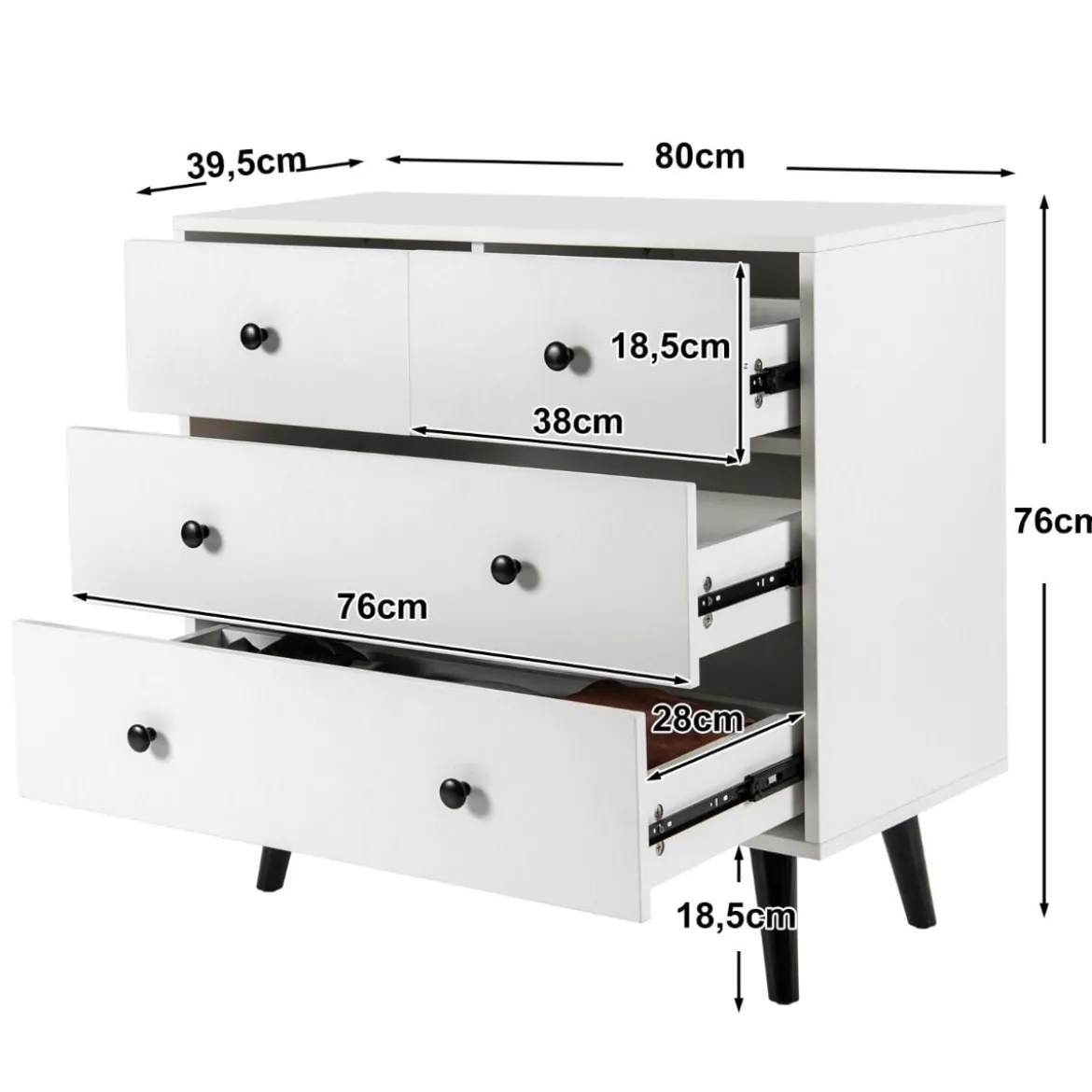 Kommode mit 4 Schubladen Sideboard aus Holz Modern Aufbewahrungsschrank Weiß