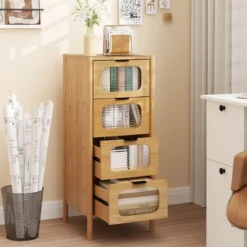 Kommode mit 4 Schubladen Sideboard aus Bambus & Gehärtetes Glas Natur 40 x 40 x 97 cm