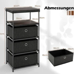 Kommode mit 3 Schubladen Stoffkommode mit Holzplatte Schwarz 40 x 30 x 81 cm