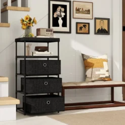 Kommode mit 3 Schubladen Stoffkommode mit Holzplatte Schwarz 40 x 30 x 81 cm