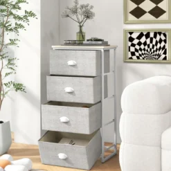 Kommode mit 4 Schubladen Stoffkommode mit Metallgestell & Tischplatte 45 x 30 x 94 cm