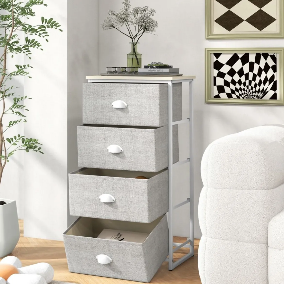 Kommode mit 4 Schubladen Stoffkommode mit Metallgestell & Tischplatte 45 x 30 x 94 cm