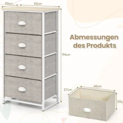 Kommode mit 4 Schubladen Stoffkommode mit Metallgestell & Tischplatte 45 x 30 x 94 cm