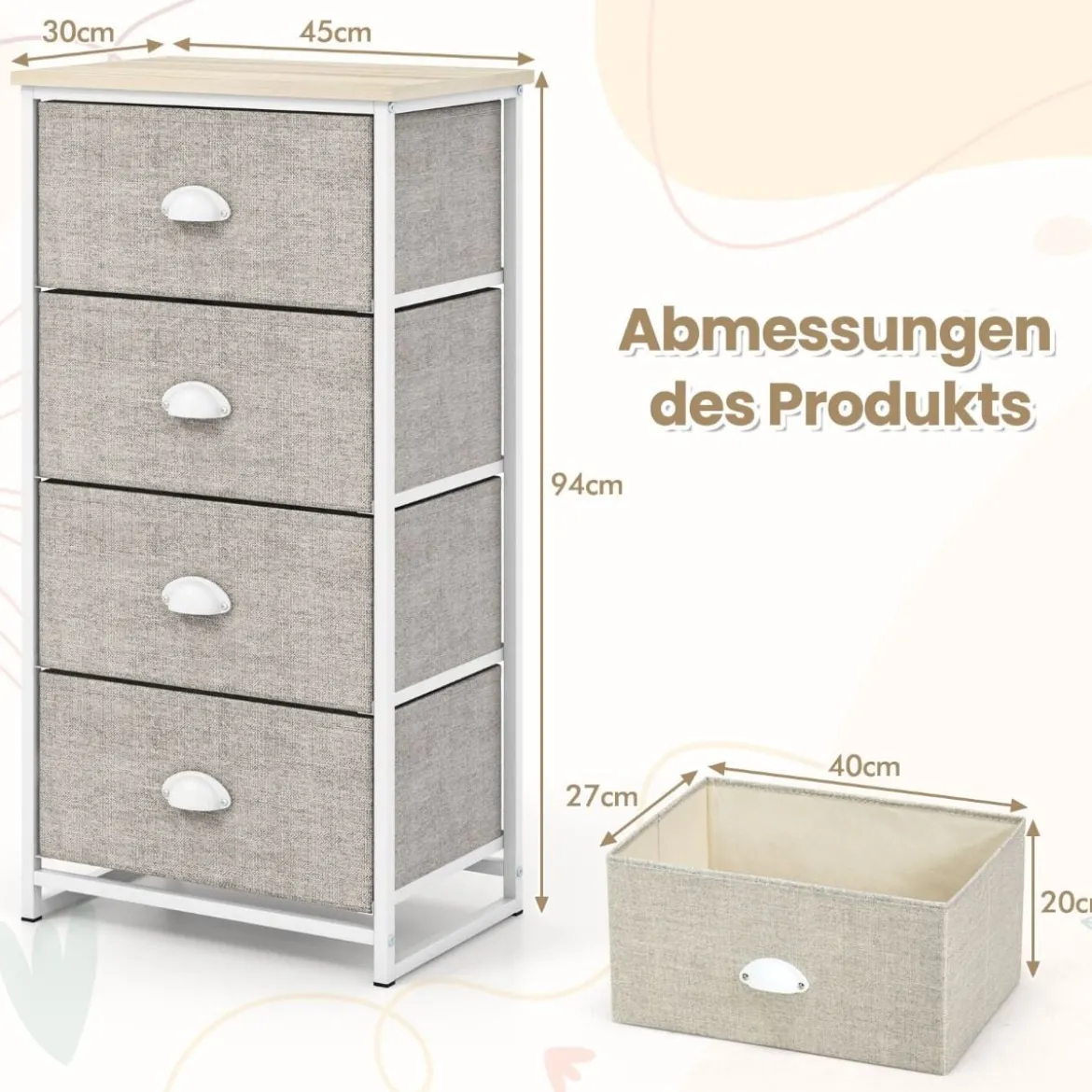 Kommode mit 4 Schubladen Stoffkommode mit Metallgestell & Tischplatte 45 x 30 x 94 cm