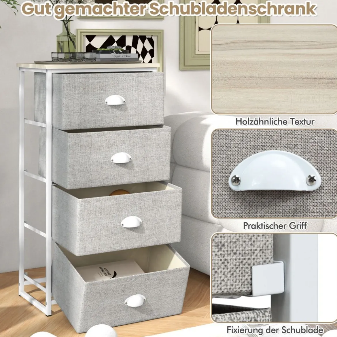Kommode mit 4 Schubladen Stoffkommode mit Metallgestell & Tischplatte 45 x 30 x 94 cm