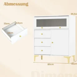 Kommode mit 3 Schubladen & 2 Türen Sideboard mit hochklappbarer Glastür 80 x 40 x 95,5 cm Weiß