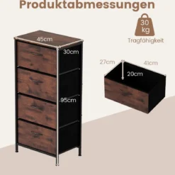Kommode mit 4 Stoff Schubladen & Holzplatte & Metallrahmen Schubladenschrank Braun