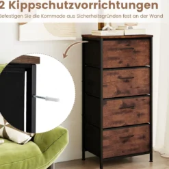 Kommode mit 4 Stoff Schubladen & Holzplatte & Metallrahmen Schubladenschrank Braun