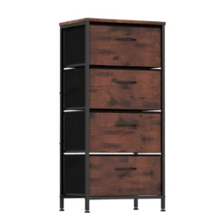 Kommode mit 4 Stoff Schubladen & Holzplatte & Metallrahmen Schubladenschrank Braun