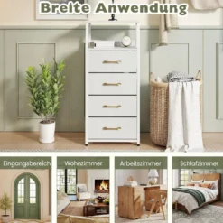 Kommode mit 4 Stoff Schubladen Schubladenschrank mit Metallrahmen Weiß + Gold