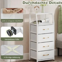 Kommode mit 4 Stoff Schubladen Schubladenschrank mit Metallrahmen Weiß + Gold