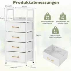 Kommode mit 4 Stoff Schubladen Schubladenschrank mit Metallrahmen Weiß + Gold