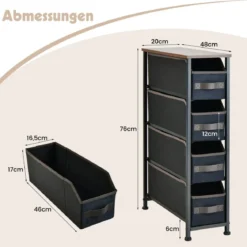 Kommode mit 4 Stoffschubladen Stoffkommode Schmal mit Holzoberseite 20 x 48 x 76 cm
