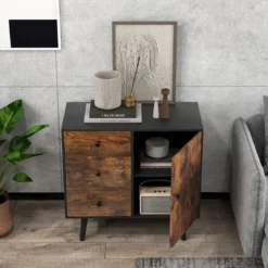 Kommode mit Tür & 3 Schubladen & Verstellbarem Regal & Kippschutz Sideboard 73 x 40 x 76,5 cm
