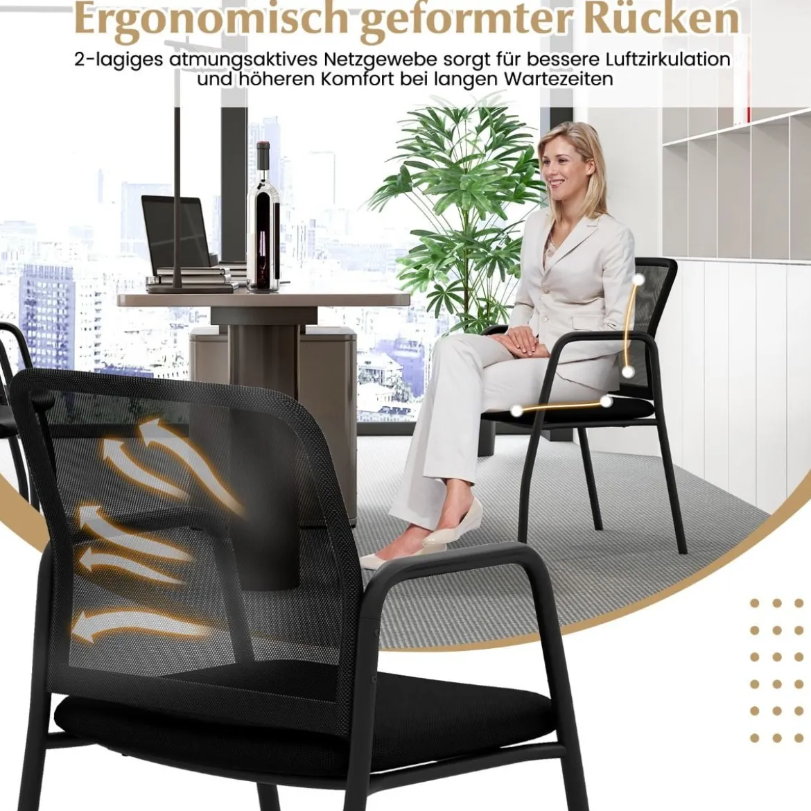 Konferenzstühle 2er Set Besucherstühle mit Armlehnen Bürostühle bis 150 kg belastbar Schwarz