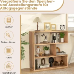 Konkaves Bücherregal mit Kippschutz 3 Ebenen Standregal Holz Raumteiler Regal Natur
