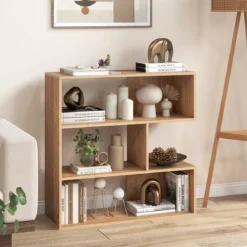 Konkaves Bücherregal mit Kippschutz 3 Ebenen Standregal Holz Raumteiler Regal Natur