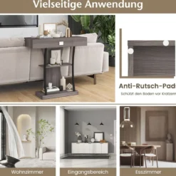 Konsolentisch aus Holz mit Schubladen & Metallrahmen & 2 Ablagen & Kippschutz Grau